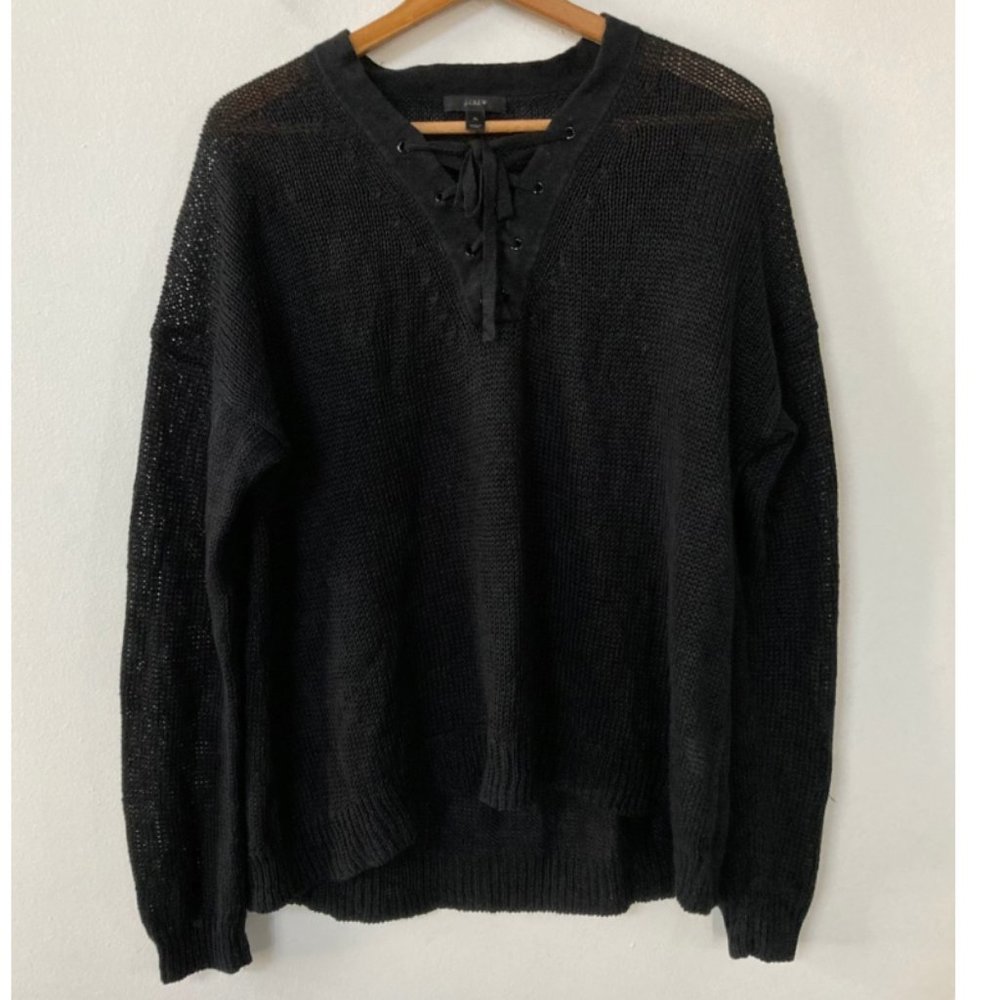 J. Crew Linen Lace Up Beach Sweater Black - Picture 2 of 6